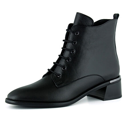 Erkan saçmacı  Siyah Hakiki Dana Derisi Bağcıklı Fermuarlı Yuvarlak Burun Kalın Topuklu Günlük Bot