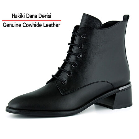 Erkan saçmacı  Siyah Hakiki Dana Derisi Bağcıklı Fermuarlı Yuvarlak Burun Kalın Topuklu Günlük Bot