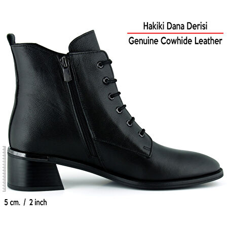 Erkan saçmacı  Siyah Hakiki Dana Derisi Bağcıklı Fermuarlı Yuvarlak Burun Kalın Topuklu Günlük Bot