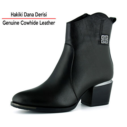 Erkan saçmacı  Siyah Hakiki Dana Derisi Tokalı Fermuarlı Sivri Burun Kalın Topuklu Günlük Bot