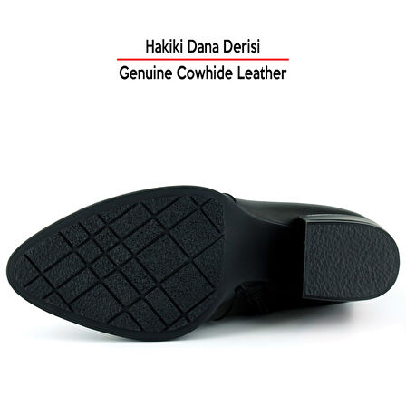 Erkan saçmacı  Siyah Hakiki Dana Derisi Tokalı Fermuarlı Sivri Burun Kalın Topuklu Günlük Bot