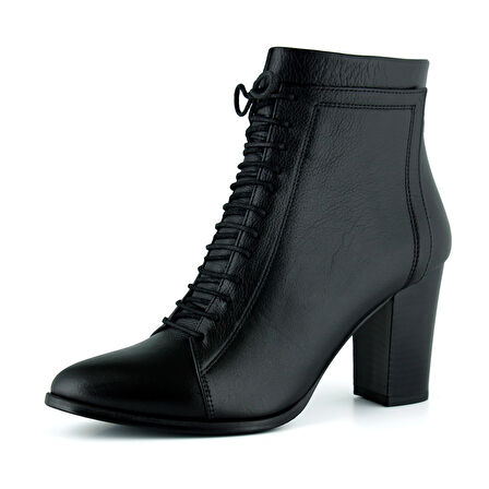 Erkan saçmacı  Siyah Hakiki Dana Derisi Bağcıklı Fermuarlı Sivri Burun Kalın Topuklu Günlük Bot