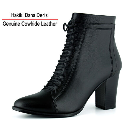 Erkan saçmacı  Siyah Hakiki Dana Derisi Bağcıklı Fermuarlı Sivri Burun Kalın Topuklu Günlük Bot