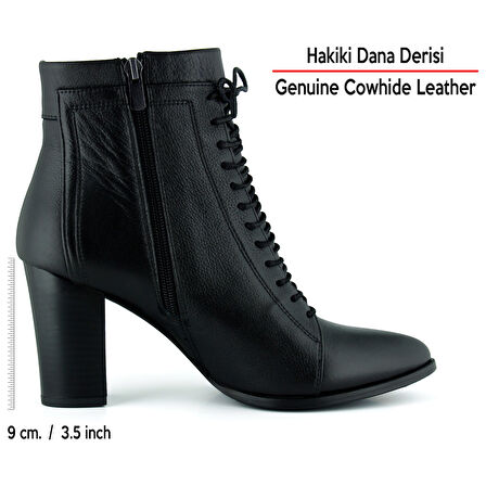 Erkan saçmacı  Siyah Hakiki Dana Derisi Bağcıklı Fermuarlı Sivri Burun Kalın Topuklu Günlük Bot