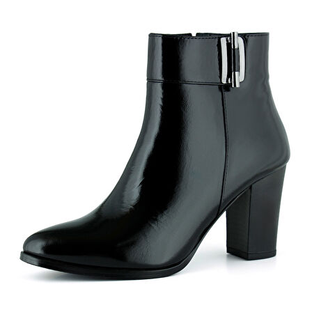 Erkan saçmacı Siyah Rugan Hakiki Dana Derisi Tokalı Fermuarlı Sivri Burun Kalın Topuklu Günlük Bot