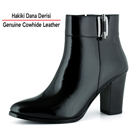 Erkan saçmacı Siyah Rugan Hakiki Dana Derisi Tokalı Fermuarlı Sivri Burun Kalın Topuklu Günlük Bot
