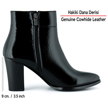 Erkan saçmacı Siyah Rugan Hakiki Dana Derisi Tokalı Fermuarlı Sivri Burun Kalın Topuklu Günlük Bot