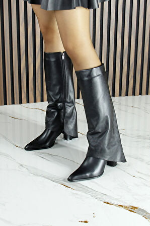 Siyah Hakiki Dana Derisi Paçalı Fermuarlı Sivri Burun Kalın Topuklu Çizme