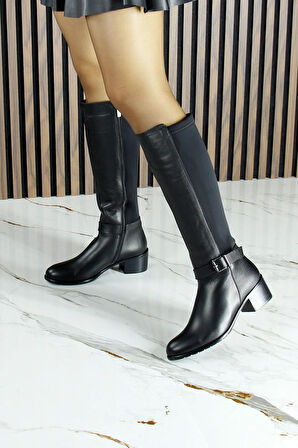 Siyah Hakiki Dana Derisi Streç Tokalı Fermuarlı Yuvarlak Burun Kalın Topuklu Çizme