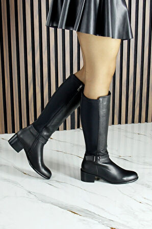 Siyah Hakiki Dana Derisi Streç Tokalı Fermuarlı Yuvarlak Burun Kalın Topuklu Çizme