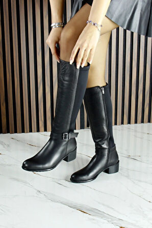 Siyah Hakiki Dana Derisi Streç Tokalı Fermuarlı Yuvarlak Burun Kalın Topuklu Çizme