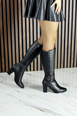 Siyah Hakiki Dana Derisi Tokalı Fermuarlı Sivri Burun Kalın Topuklu Çizme