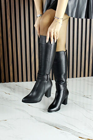 Siyah Hakiki Dana Derisi Tokalı Fermuarlı Sivri Burun Kalın Topuklu Çizme