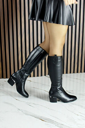 Siyah Hakiki Dana Derisi Dikiş Detaylı Fermuarlı Sivri Burun Kalın Topuklu Çizme