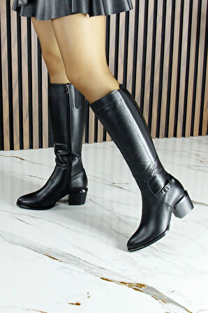 Siyah Hakiki Dana Derisi Streç Tokalı Fermuarlı Sivri Burun Kalın Topuklu Çizme
