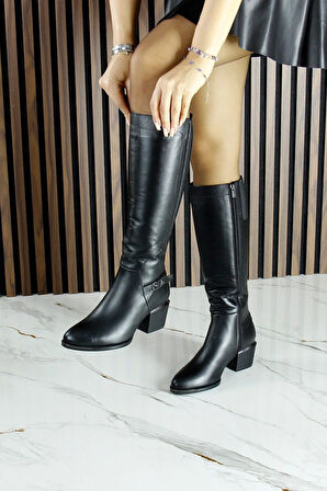 Siyah Hakiki Dana Derisi Streç Tokalı Fermuarlı Sivri Burun Kalın Topuklu Çizme