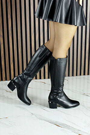 Siyah Hakiki Dana Derisi Streç Tokalı Fermuarlı Sivri Burun Kalın Topuklu Çizme