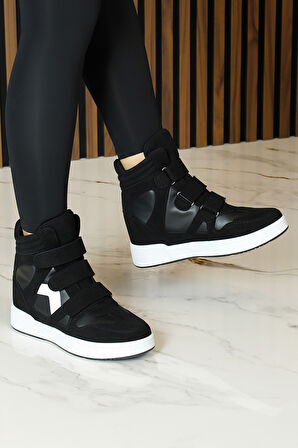 Erkan saçmacı Talvi Siyah Beyaz Süet Yuvarlak Burun Cırt Cırtlı Gizli Dolgu Topuklu Günlük Bot