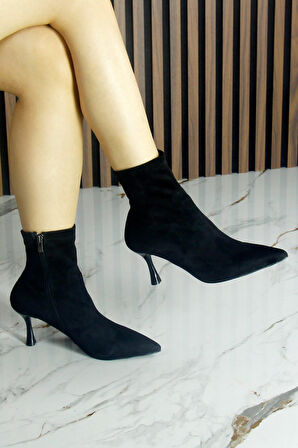 Erkan saçmacı Kimberly Siyah Süet Streç Sivri Burun Fermuarlı İnce Topuklu Günlük Bot