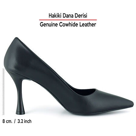 Suzanna Siyah Hakiki Dana Derisi Sivri Burun Klasik İnce Topuklu Ayakkabı
