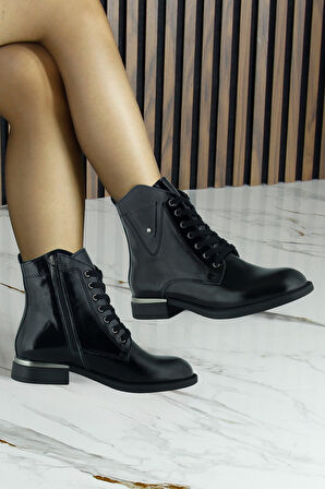 Erkan saçmacı Siyah Rugan Hakiki Dana Derisi Taşlı Bağcıklı Fermuarlı Yuvarlak Kalın Topuklu Günlü