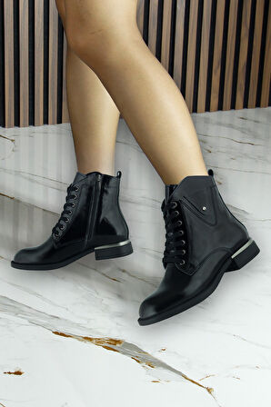 Erkan saçmacı Siyah Rugan Hakiki Dana Derisi Taşlı Bağcıklı Fermuarlı Yuvarlak Kalın Topuklu Günlü