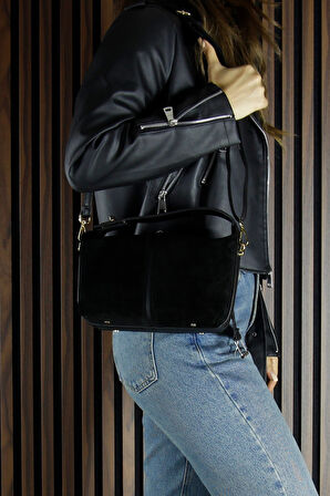 Erkan Saçmacı Siyah Hakiki Dana Süet Fermuarlı Askılı İç Cepli Orta Boy Günlük Omuz Çantası