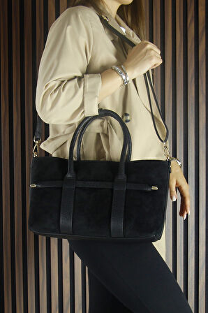 Erkan Saçmacı Siyah Hakiki Dana Süet Fermuarlı Üç Bölmeli İç Cepli Askılı Orta Boy Günlük Omuz 