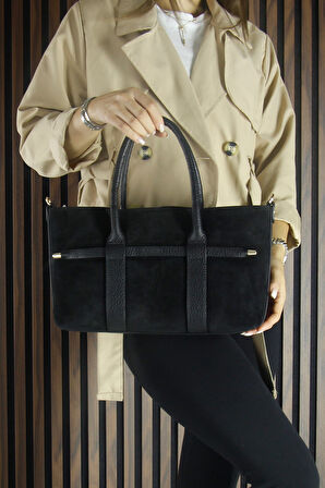 Erkan Saçmacı Siyah Hakiki Dana Süet Fermuarlı Üç Bölmeli İç Cepli Askılı Orta Boy Günlük Omuz 