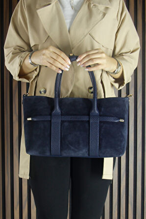 Erkan Saçmacı Lacivert Hakiki Dana Süet Fermuarlı Üç Bölmeli İç Cepli Askılı Orta Boy Günlük Omuz