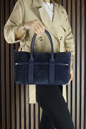 Erkan Saçmacı Lacivert Hakiki Dana Süet Fermuarlı Üç Bölmeli İç Cepli Askılı Orta Boy Günlük Omuz