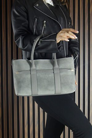 Erkan Saçmacı Gri Hakiki Dana Süet Fermuarlı Üç Bölmeli İç Cepli Askılı Orta Boy Günlük Omuz Çantas