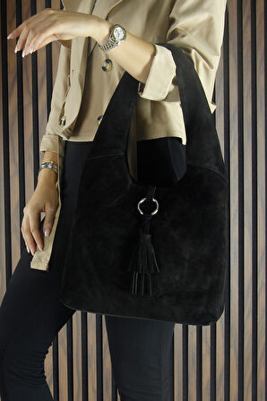 Erkan Saçmacı Siyah Hakiki Dana Süet Püsküllü Manyetik Kapaklı Orta Boy Günlük Omuz Çantası