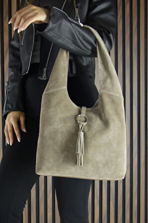 Erkan Saçmacı Kum Hakiki Dana Süet Püsküllü Manyetik Kapaklı Orta Boy Günlük Omuz Çantası