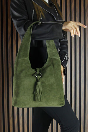 Erkan Saçmacı Haki Hakiki Dana Süet Püsküllü Manyetik Kapaklı Orta Boy Günlük Omuz Çantası