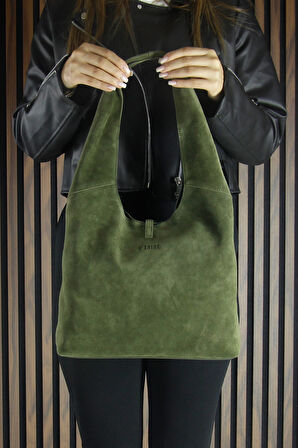 Erkan Saçmacı Haki Hakiki Dana Süet Püsküllü Manyetik Kapaklı Orta Boy Günlük Omuz Çantası