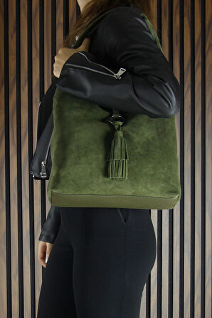 Erkan Saçmacı Haki Hakiki Dana Süet Püsküllü Manyetik Kapaklı Orta Boy Günlük Omuz Çantası