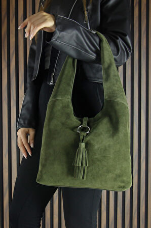 Erkan Saçmacı Haki Hakiki Dana Süet Püsküllü Manyetik Kapaklı Orta Boy Günlük Omuz Çantası