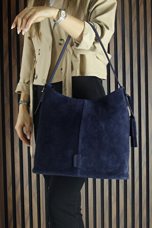 Erkan Saçmacı Lacivert Hakiki Dana Süet Püsküllü Manyetik Kapaklı Büyük Boy Günlük Omuz Çantası 