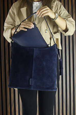 Erkan Saçmacı Lacivert Hakiki Dana Süet Püsküllü Manyetik Kapaklı Büyük Boy Günlük Omuz Çantası 