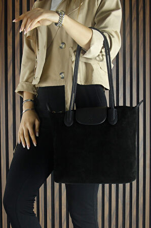 Erkan Saçmacı Siyah Hakiki Dana Süet Fermuarlı Manyetik Kapaklı Büyük Boy Günlük Omuz Çantası