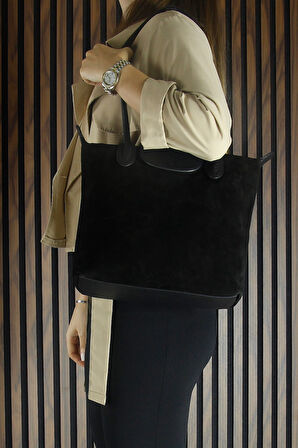 Erkan Saçmacı Siyah Hakiki Dana Süet Fermuarlı Manyetik Kapaklı Büyük Boy Günlük Omuz Çantası