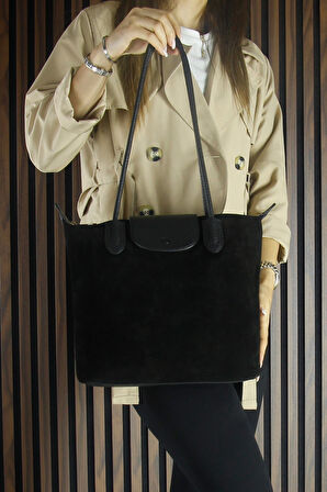 Erkan Saçmacı Siyah Hakiki Dana Süet Fermuarlı Manyetik Kapaklı Büyük Boy Günlük Omuz Çantası