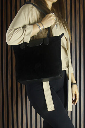 Erkan Saçmacı Siyah Hakiki Dana Süet Fermuarlı Manyetik Kapaklı Büyük Boy Günlük Omuz Çantası