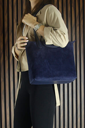 Erkan Saçmacı Lacivert Hakiki Dana Süet Fermuarlı Manyetik Kapaklı Büyük Boy Günlük Omuz Çantası