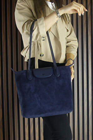 Erkan Saçmacı Lacivert Hakiki Dana Süet Fermuarlı Manyetik Kapaklı Büyük Boy Günlük Omuz Çantası