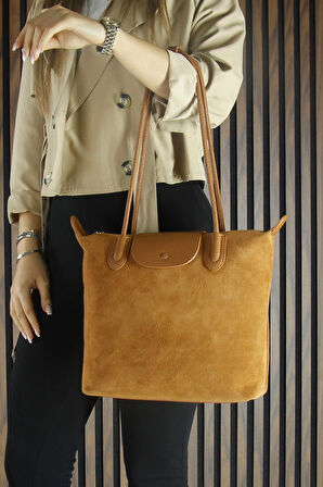 Erkan Saçmacı Taba Hakiki Dana Süet Fermuarlı Manyetik Kapaklı Büyük Boy Günlük Omuz Çantası