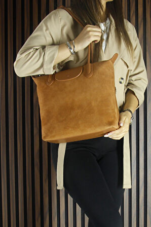 Erkan Saçmacı Taba Hakiki Dana Süet Fermuarlı Manyetik Kapaklı Büyük Boy Günlük Omuz Çantası