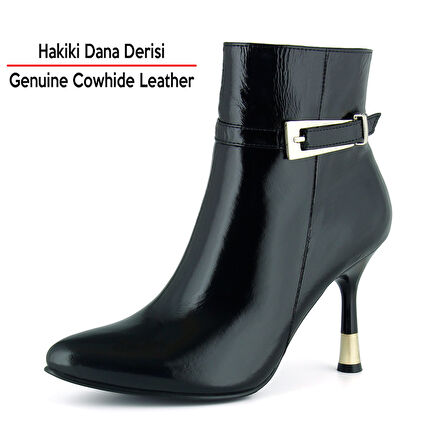 [MAX 1431] Siyah Rugan Hakiki Dana Derisi Tokalı Fermuarlı Sivri Burun İnce Topuklu Günlük Bot