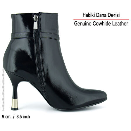 [MAX 1431] Siyah Rugan Hakiki Dana Derisi Tokalı Fermuarlı Sivri Burun İnce Topuklu Günlük Bot